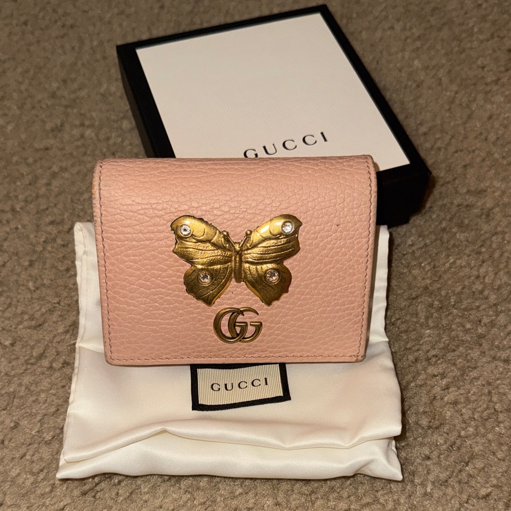 Authentic Gucci Blush Leather Wallet with Gold Butterfly Accent